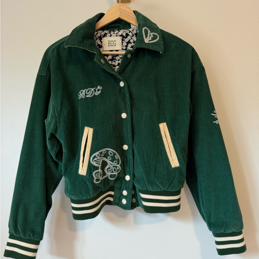 Green and White BDG Varsity Jacket Medium